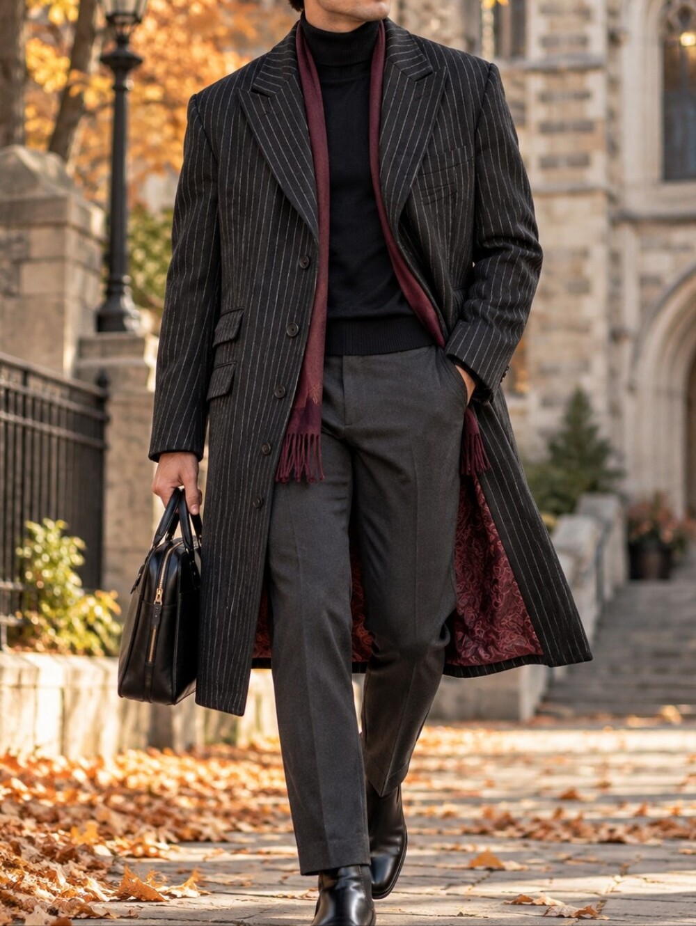 Haight & Ashbury Men's Wool Blend Black Pinstripe Long Overcoat Dark Academia